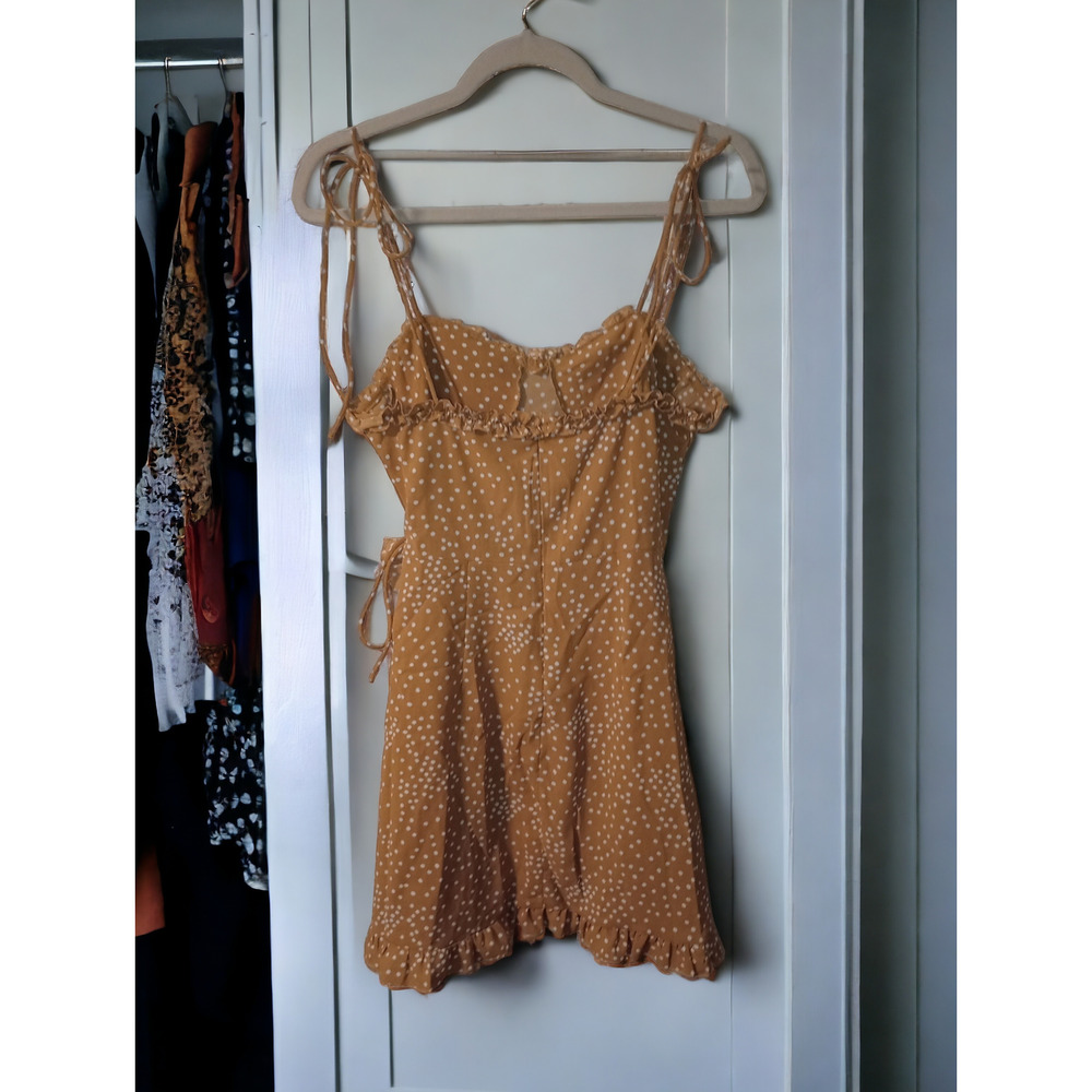 Mini Dress - Overlap Tie Dress with Ruffles - Light Coffee -Polka Dot - Picture 2 of 2